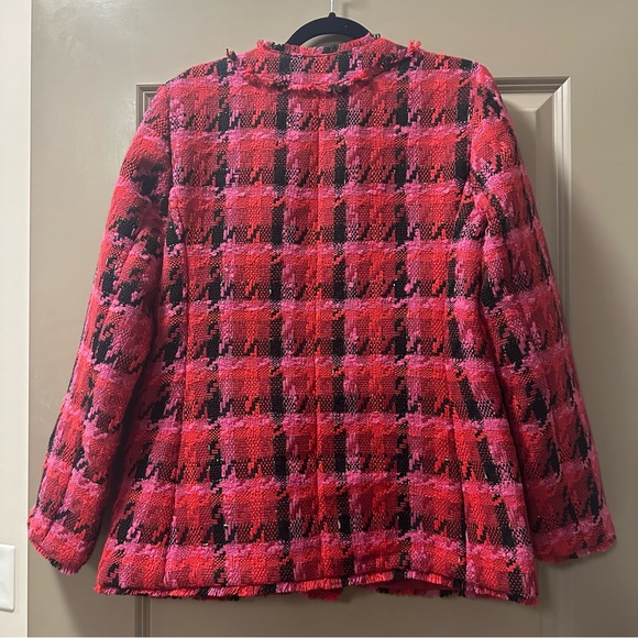 Ann Taylor Long Cardigan Jacket in Pink/Red/Black Houndstooth Tweed - Size 10 - Picture 3 of 5